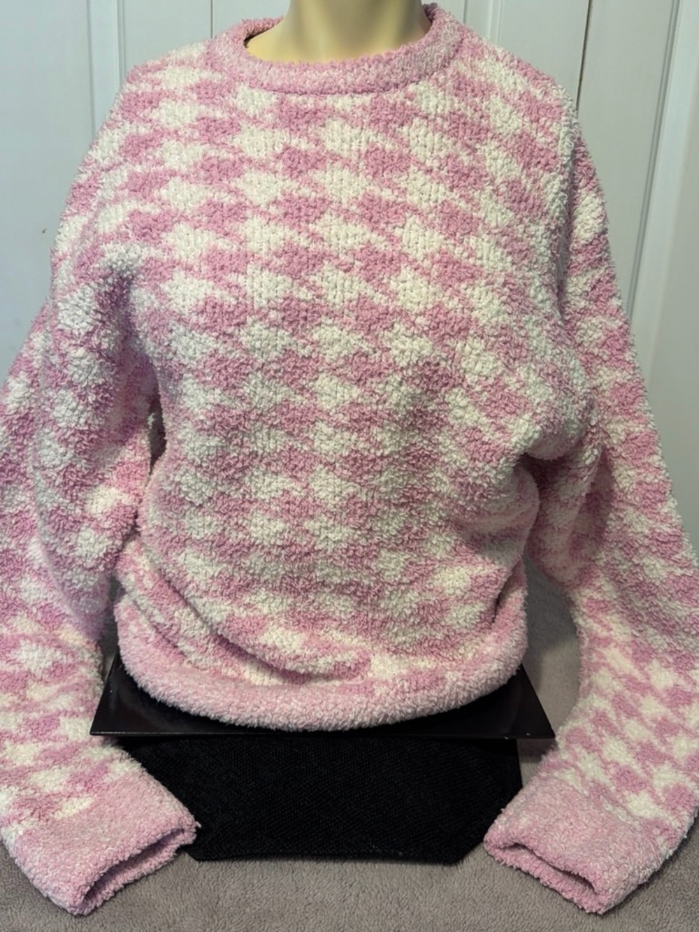 SKIMS Pink and White Houndstooth Crewneck Sweater